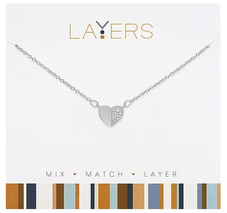 LAY-611S Layers Silver Tone Half Cubic Zirconia Heart Necklace