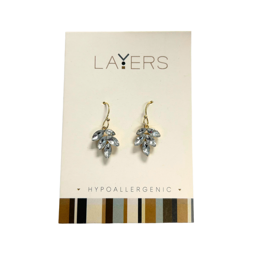 LAY-EAR72-G Layers Gold Cubic Zirconia Leaf Dangle Earrings