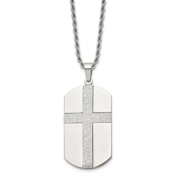 Stainless Steel Polished Laser Cut Cross Dog Tag Necklace - 24"
