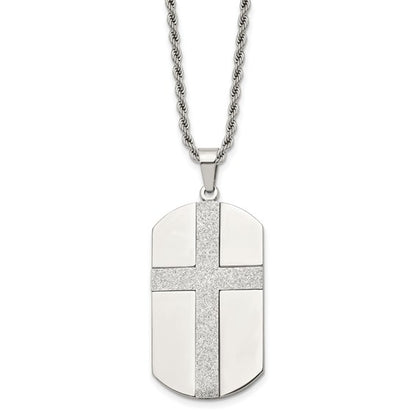 Stainless Steel Polished Laser Cut Cross Dog Tag Necklace - 24"