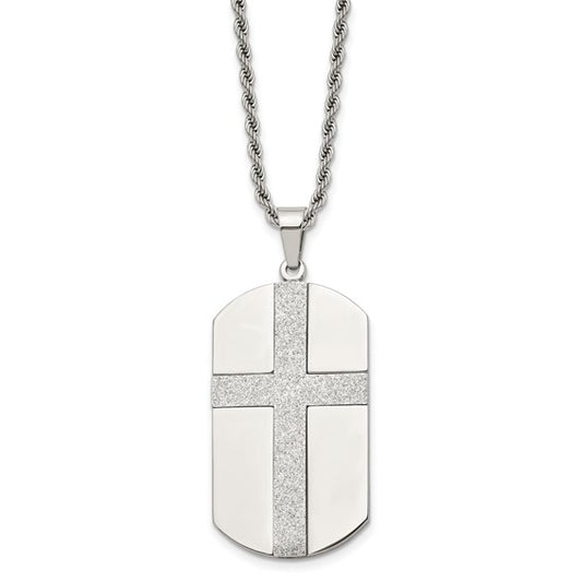 Stainless Steel Polished Laser Cut Cross Dog Tag Necklace - 24"