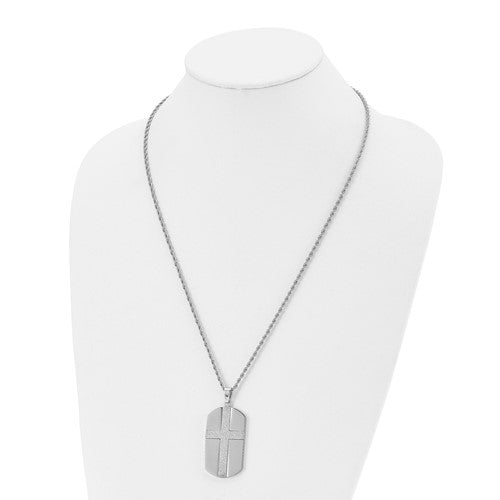 Stainless Steel Polished Laser Cut Cross Dog Tag Necklace - 24"