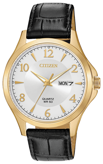 Men's Citizen Quartz Gold Tone Watch with Leather Strap
