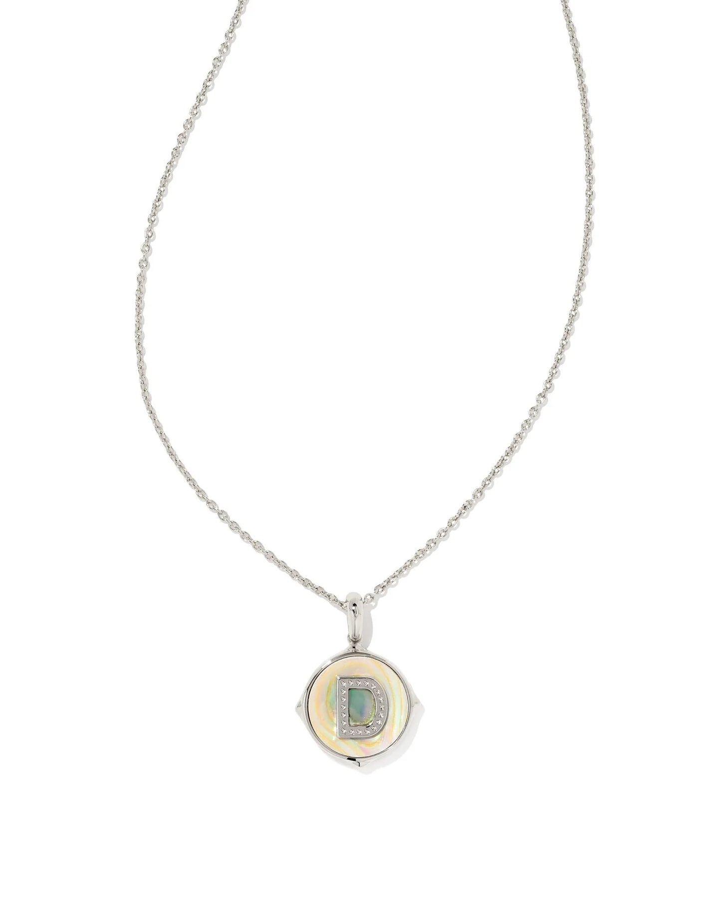9608802385 Kendra Scott Letter D Disc Pendant Necklace in Silver Iridescent Abalone
