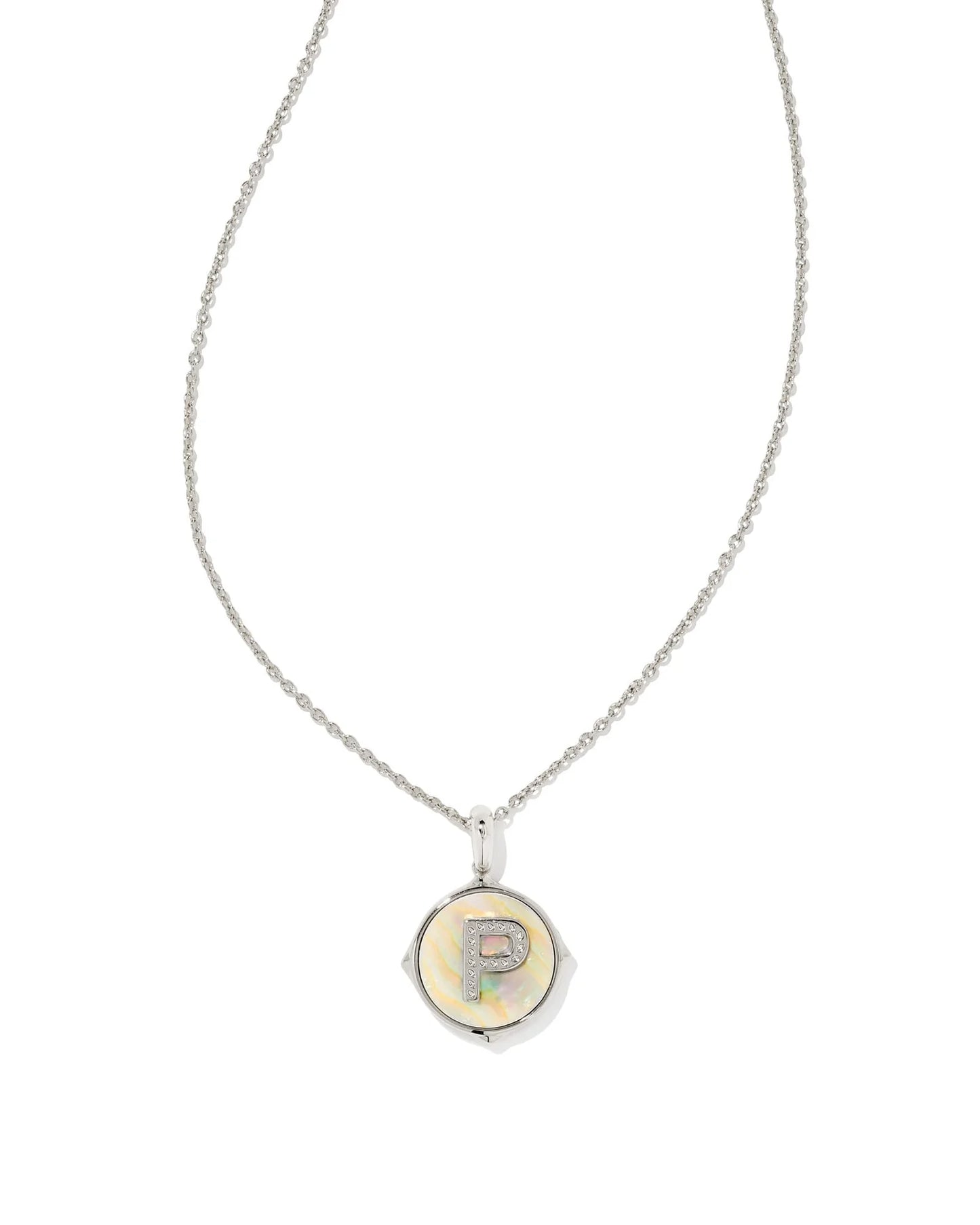 9608802409 Kendra Scott Letter P Silver Disc Reversible Necklace in Iridescent Abalone