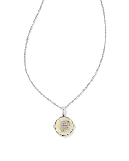 9608802409 Kendra Scott Letter P Silver Disc Reversible Necklace in Iridescent Abalone