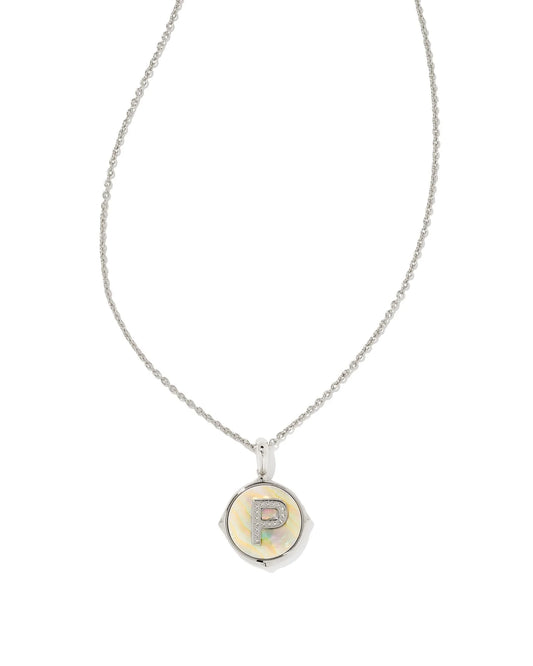 9608802409 Kendra Scott Letter P Silver Disc Reversible Necklace in Iridescent Abalone