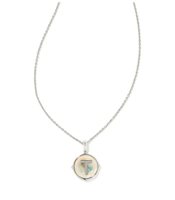 9608802417 Kendra Scott Letter T Silver Disc Reversible Necklace in Iridescent Abalone