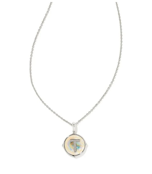 9608802417 Kendra Scott Letter T Silver Disc Reversible Necklace in Iridescent Abalone