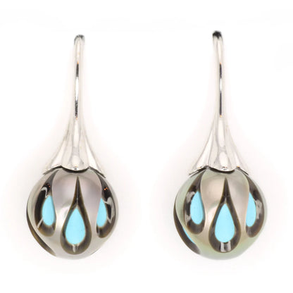 13073 4449WTU 14K White Gold Galatea Pearl Earrings, Carved Tahitian Pearls Over Turquoise