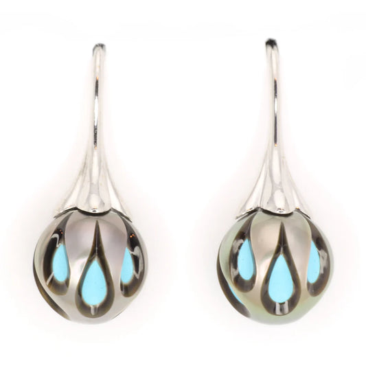 13073 4449WTU 14K White Gold Galatea Pearl Earrings, Carved Tahitian Pearls Over Turquoise