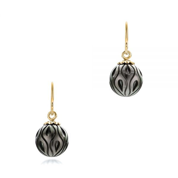 15144 CP19EYT 14K Yellow Gold Carved Tahitian Black Pearl Calla Lily Earrings