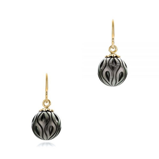 15144 CP19EYT 14K Yellow Gold Carved Tahitian Black Pearl Calla Lily Earrings