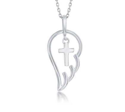 Sterling Silver Angle Wing W/ Cross Charm Pendant
