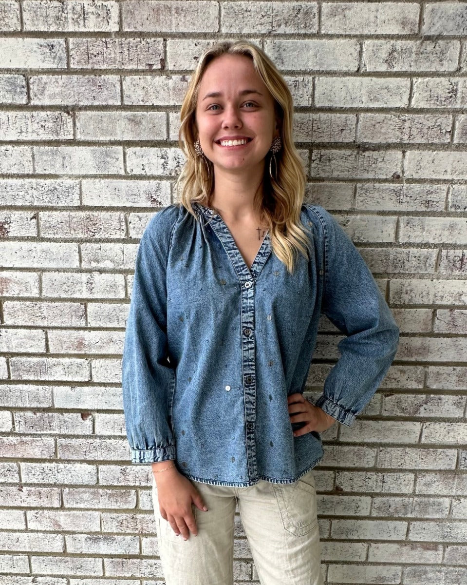 Myra Bag Stitched in Stardust Top in Washed Blue