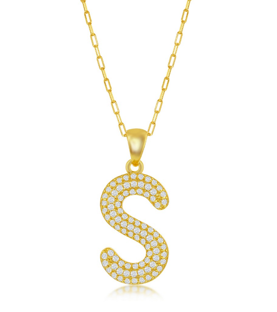 Sterling Silver Gold Plated "S" Micro Pave Cubic Zirconia Paperclip Necklace