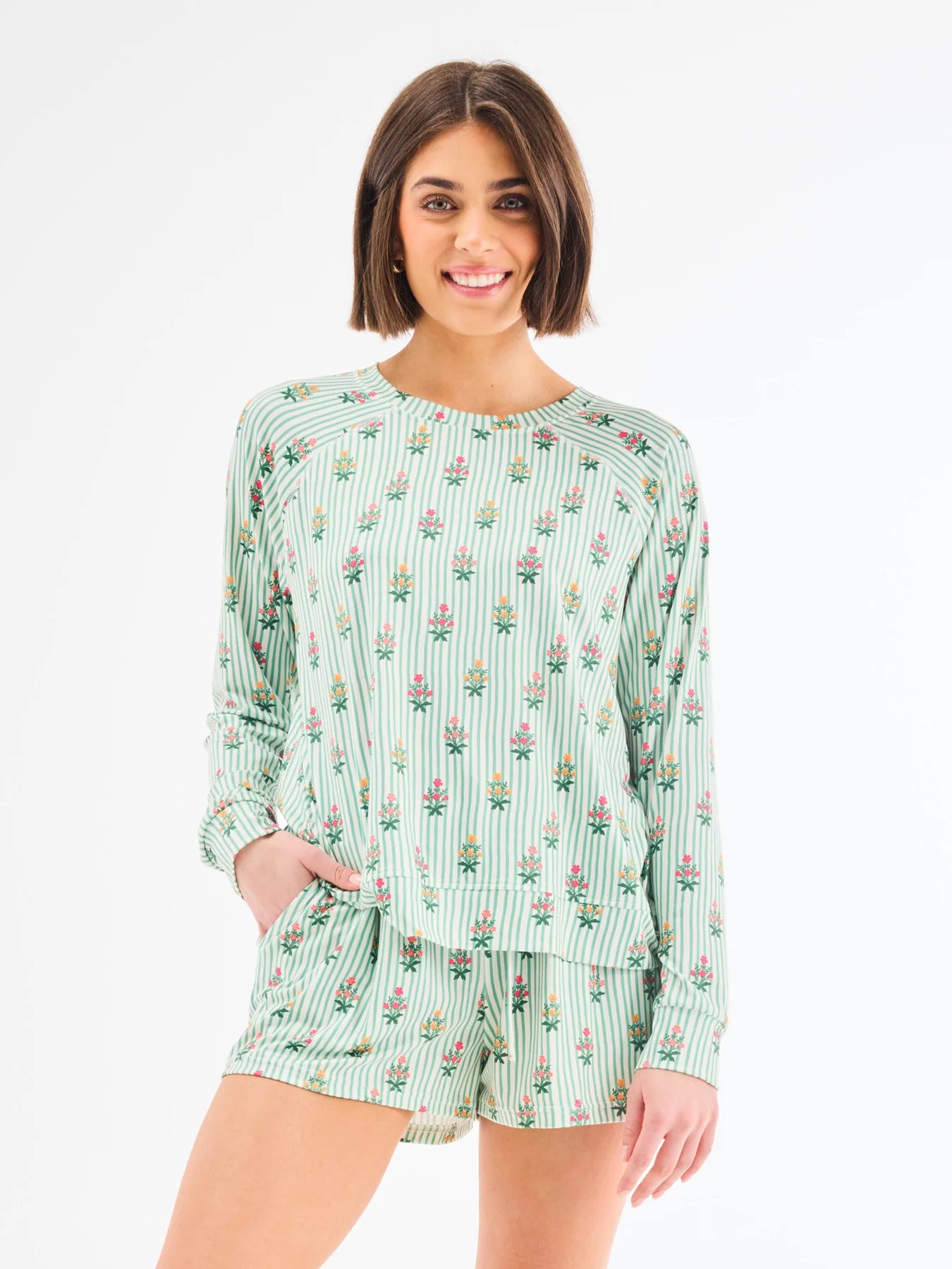 64998 Mary Square The Annie Women's Shorts Set in Cottage Stripes Green