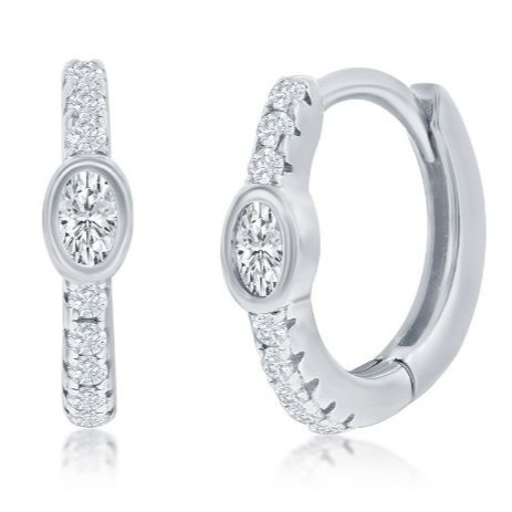 Sterling Silver 11mm Center Oval Cubic Zirconia Huggie Hoop Earrings
