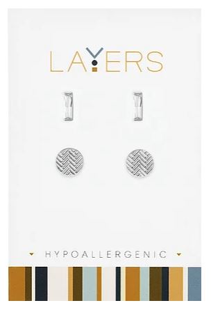 Layers Silver Rectangular Cubic Zirconia & Trax Circle Duo Pair Stud Earrings