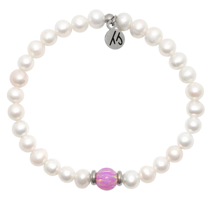 6 mm Pearl Beaded Bracelet With Pink Opal Ball