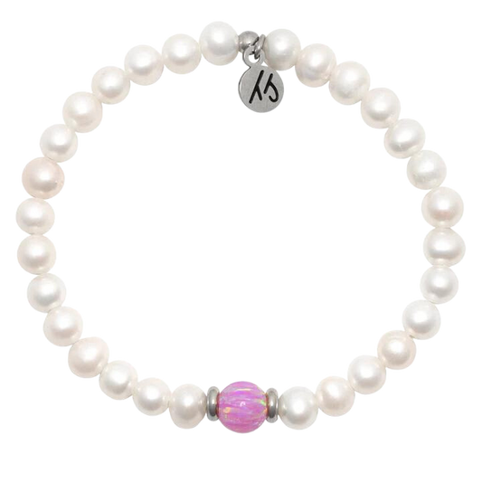 6 mm Pearl Beaded Bracelet With Pink Opal Ball