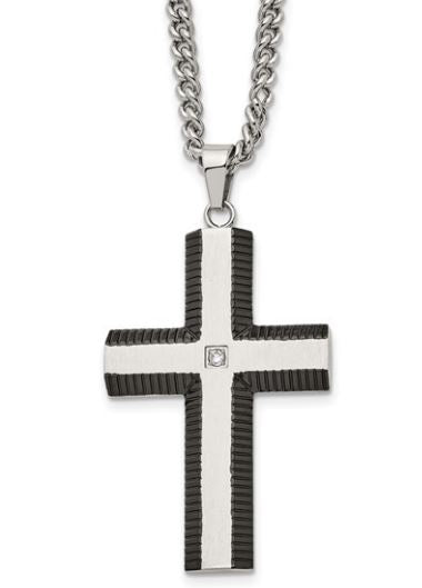 Stainless Steel Brushed & Polished Black Plated Edges With Cubic Zirconia Cross Pendant Necklace