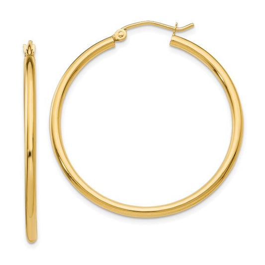 10K Yellow Gold 2mm Lightweight Tube Hoop Earrings - 36mm