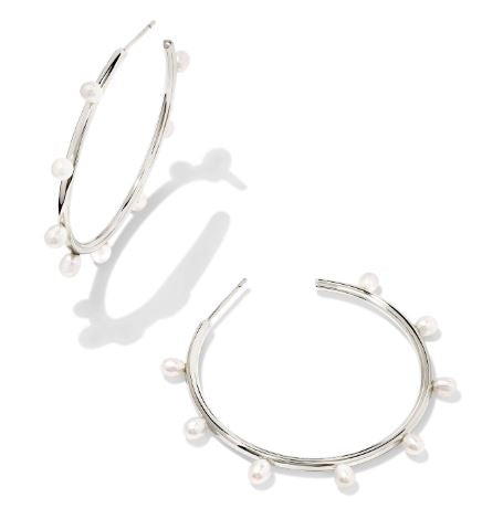 9608851453 Kendra Scott Leighton White Pearl Hoop Earrings in Silver