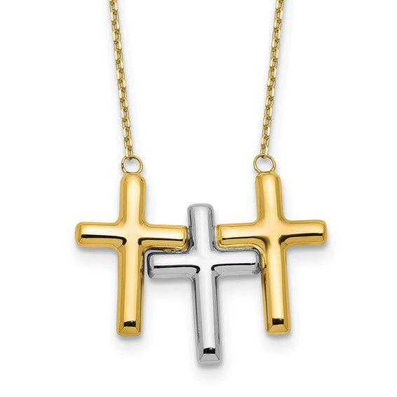 10K Two-Tone Polished 3 Cross Necklace
