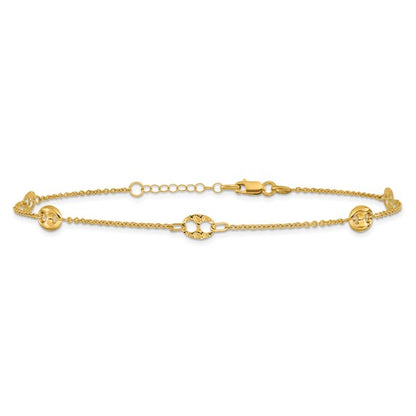 10K Yellow Gold Polished & Textured Anklet - 10" + 1"
