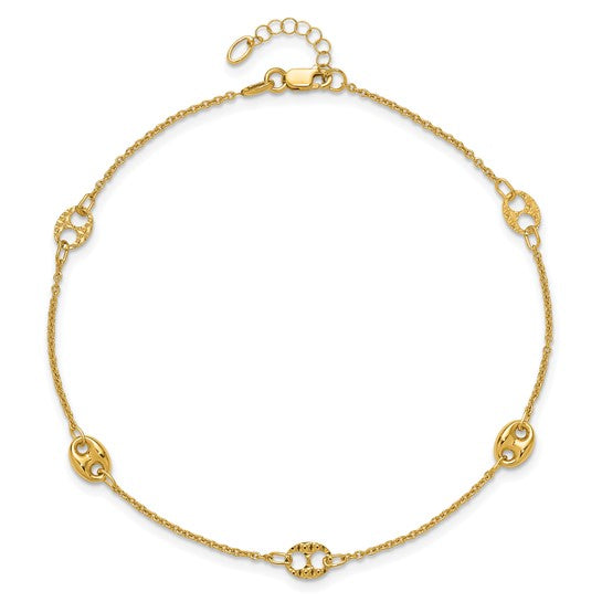 10K Yellow Gold Polished & Textured Anklet - 10" + 1"
