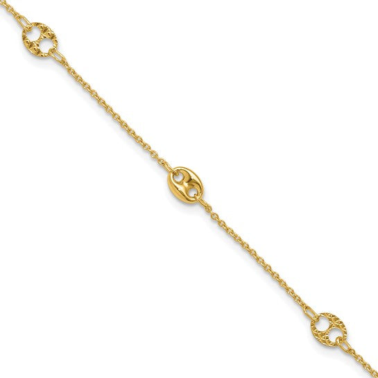 10K Yellow Gold Polished & Textured Anklet - 10" + 1"