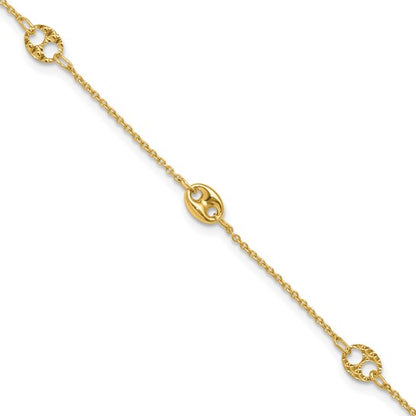 10K Yellow Gold Polished & Textured Anklet - 10" + 1"