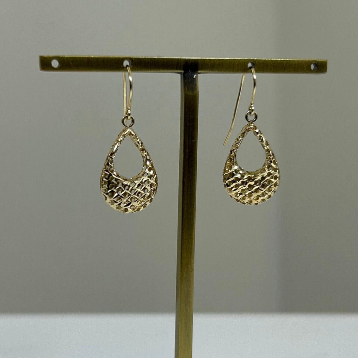 10K Yellow Gold Textured Diamond Cut Shepherd Hook Dangle Earrings