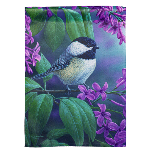 Chickadee on Lilac Suede Garden Flag
