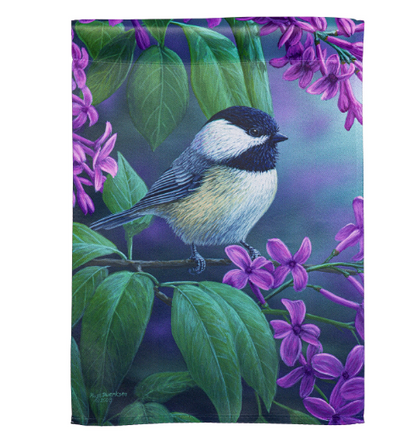 Chickadee on Lilac Suede Garden Flag