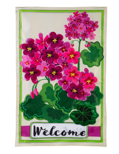 Pink Geranium Welcome Applique House Flag