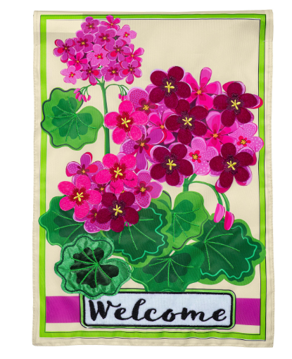 Pink Geranium Welcome Applique Garden Flag
