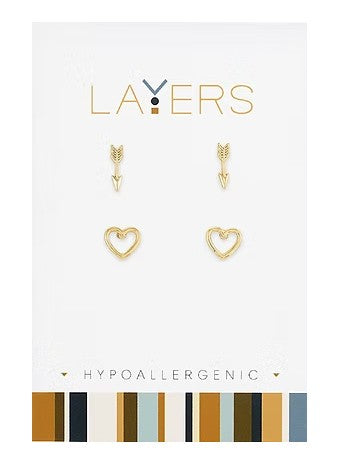 LAY-EAR60-G Layers Arrow & Open Heart Earrings