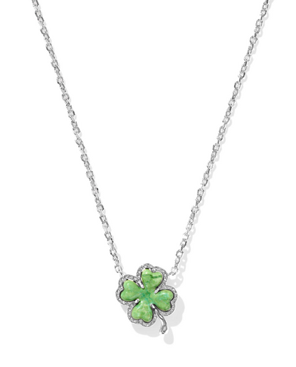 Kendra Scott Clover Short Pendant Necklace in Silver Lime Green Magnesite