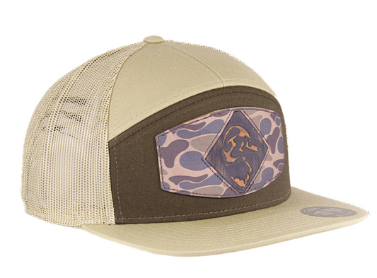Mallard Old School Camo Brown Leather Patch Hat - Brown & Khaki