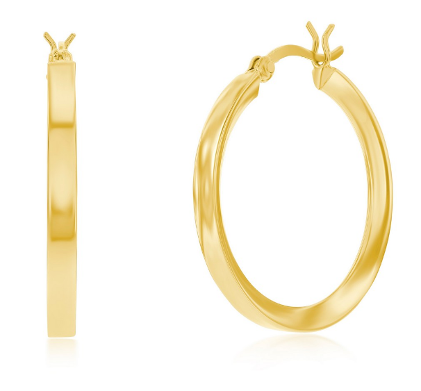 Sterling Silver Gold Plated 3x30mm Fancy Flat Hoop Earrings