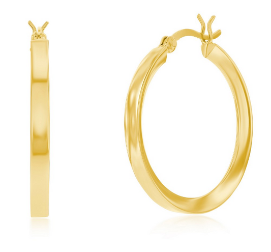 Sterling Silver Gold Plated 3x30mm Fancy Flat Hoop Earrings