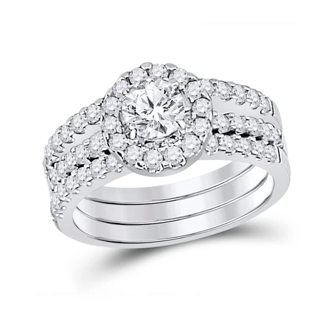 Sterling Silver 3 Band Halo Circle Cubic Zirconia Wedding Set