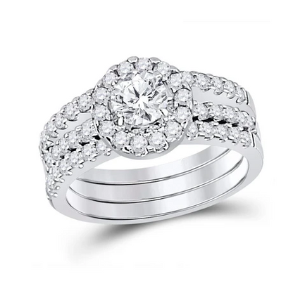 Sterling Silver 3 Band Halo Circle Cubic Zirconia Wedding Set
