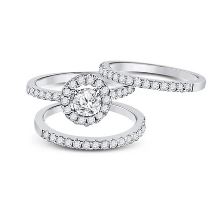 Sterling Silver 3 Band Halo Circle Cubic Zirconia Wedding Set