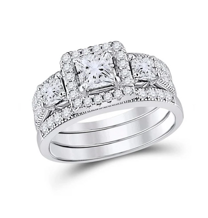 Sterling Silver 3 Band Square Cubic Zirconia Wedding Set