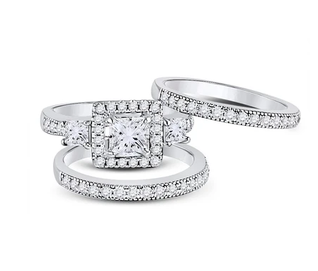 Sterling Silver 3 Band Square Cubic Zirconia Wedding Set
