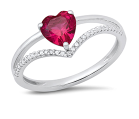 Sterling Silver Ruby Heart & .10CTTW Diamond Ring - Size 7
