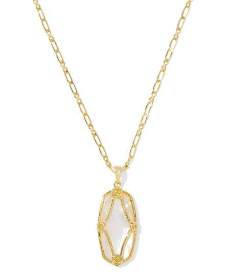 Kendra Scott Elle Lattice Frame Large Long Necklace in Gold Ivory Mother of Pearl